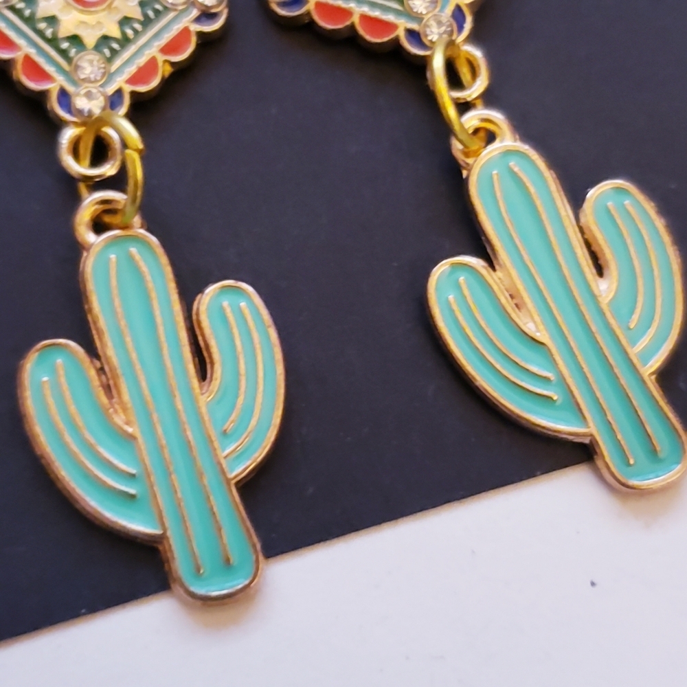 Handmade Boho Rhinestone Mint Green Western Cactus Dangle Earrings - Picture 3 of 3